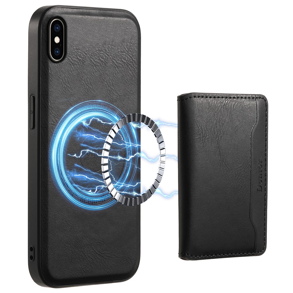 DENIOR For iPhone XS Max 6.5 inch Case Kickstand Cowhide Texture Phone Purse Cover Compatible with MagSafe - Black