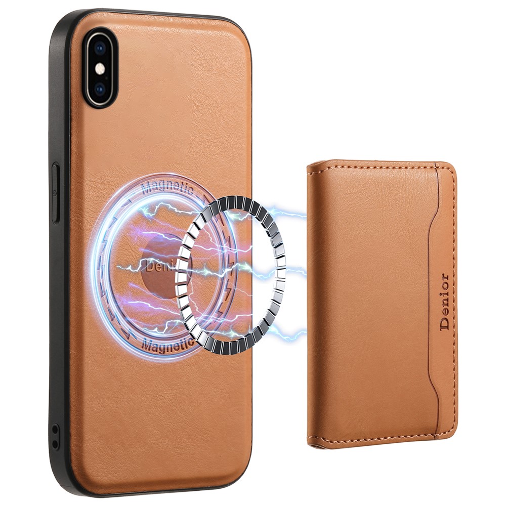 DENIOR For iPhone XS Max 6.5 inch Case Kickstand Cowhide Texture Phone Purse Cover Compatible with MagSafe - Khaki