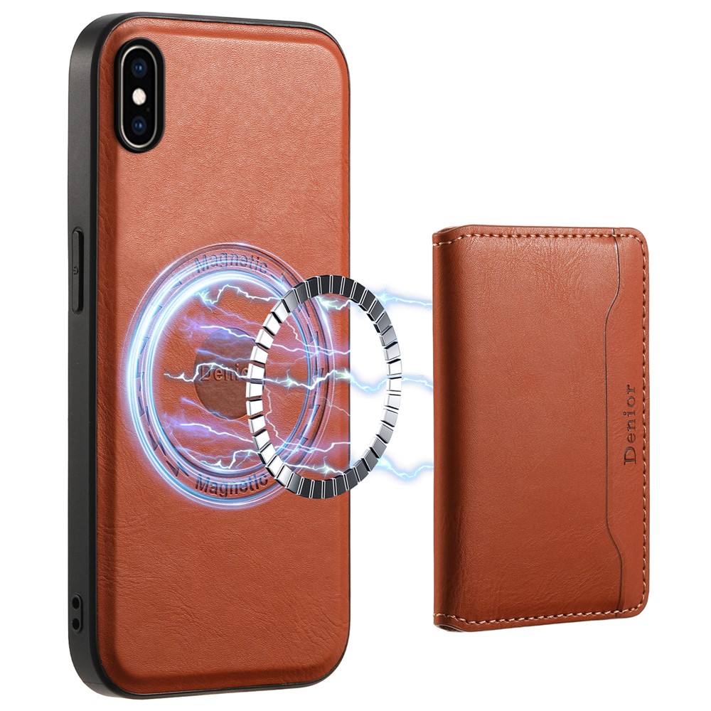 DENIOR For iPhone XS Max 6.5 inch Case Kickstand Cowhide Texture Phone Purse Cover Compatible with MagSafe - Brown