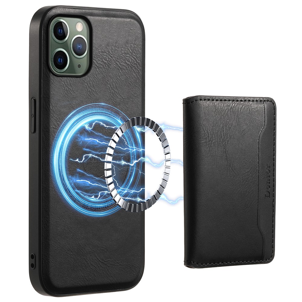 DENIOR For iPhone 11 Pro Magnetic Phone Case PU Leather+PC+TPU Card Holder Back Cover - Black