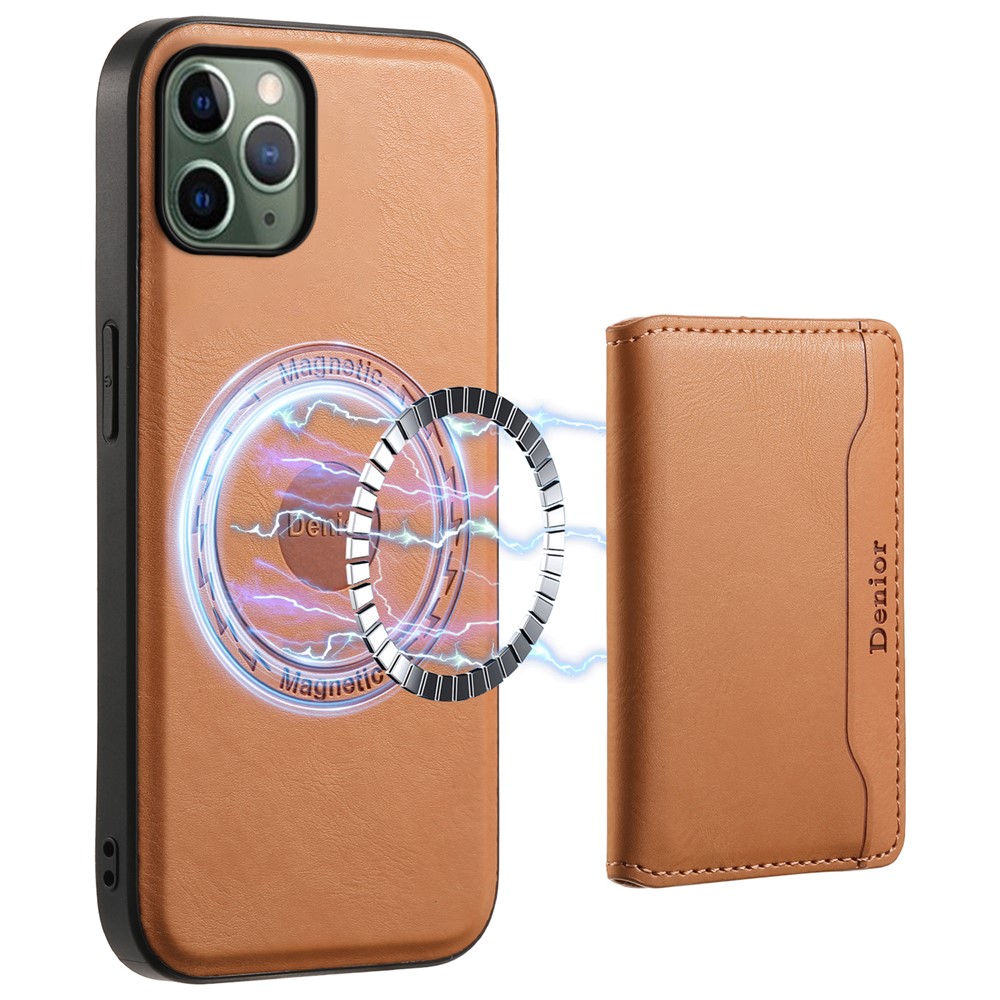 DENIOR For iPhone 11 Pro Magnetic Phone Case PU Leather+PC+TPU Card Holder Back Cover - Khaki