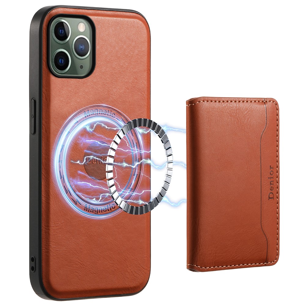 DENIOR For iPhone 11 Pro Magnetic Phone Case PU Leather+PC+TPU Card Holder Back Cover - Brown