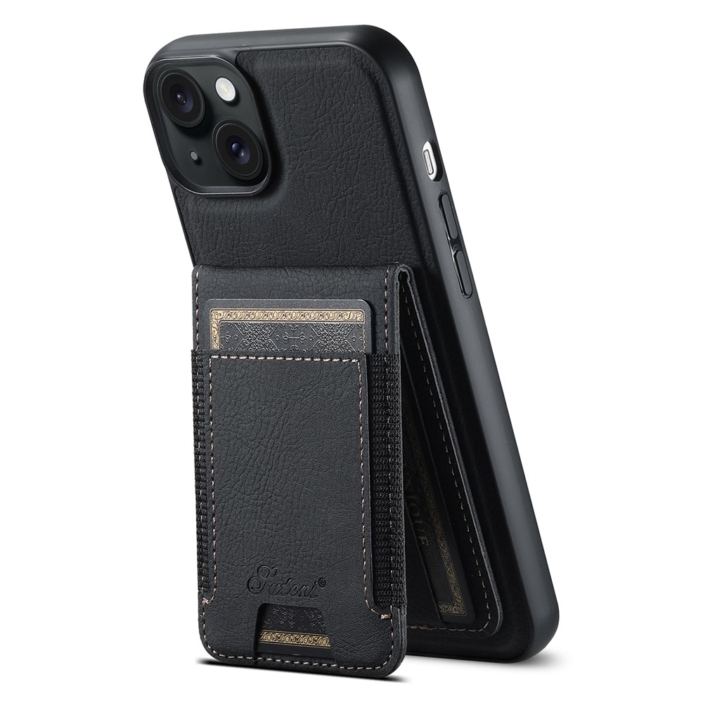 SUTENI H17 For iPhone 14 Plus Magnetic Case Litchi Texture Kickstand Phone Back Shell - Black