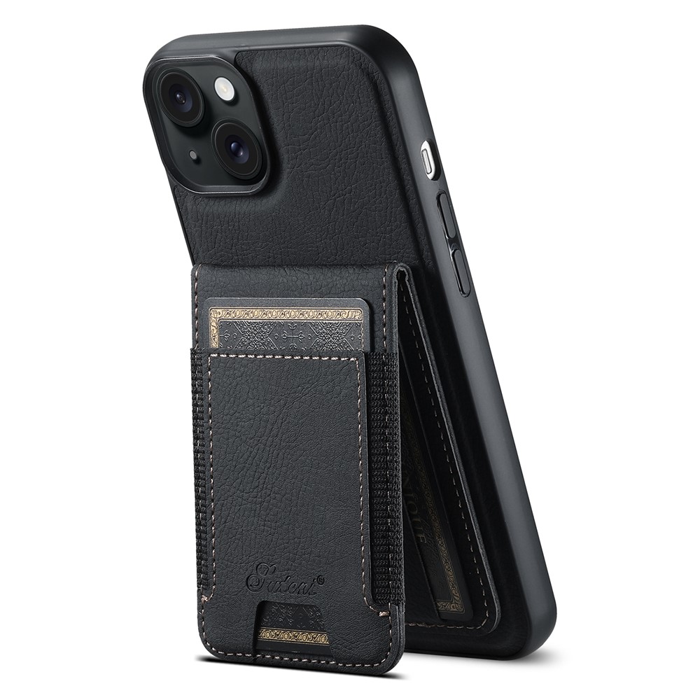 SUTENI H17 Magnetic Case for iPhone 15 Plus Shell Anti-fall Leather Card Holder Phone Cover - Black