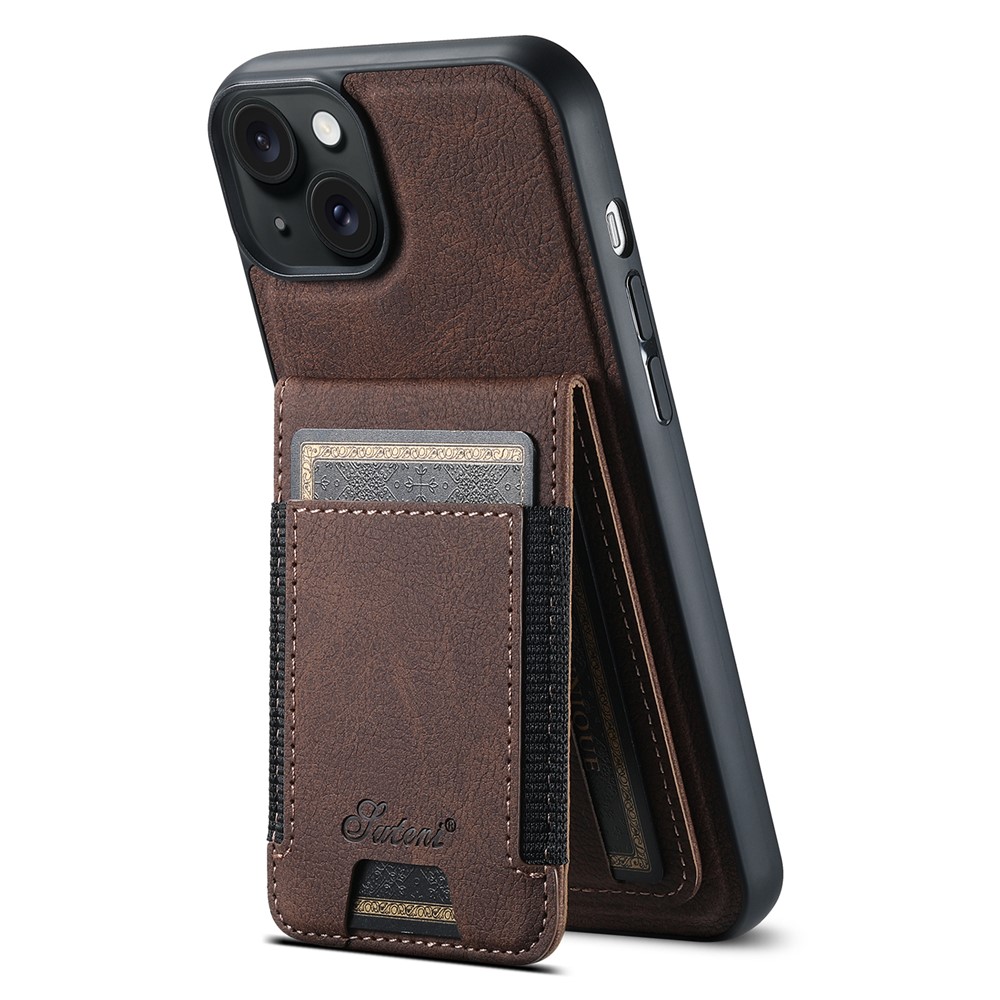 SUTENI H17 Magnetic Case for iPhone 15 Plus Shell Anti-fall Leather Card Holder Phone Cover - Brown