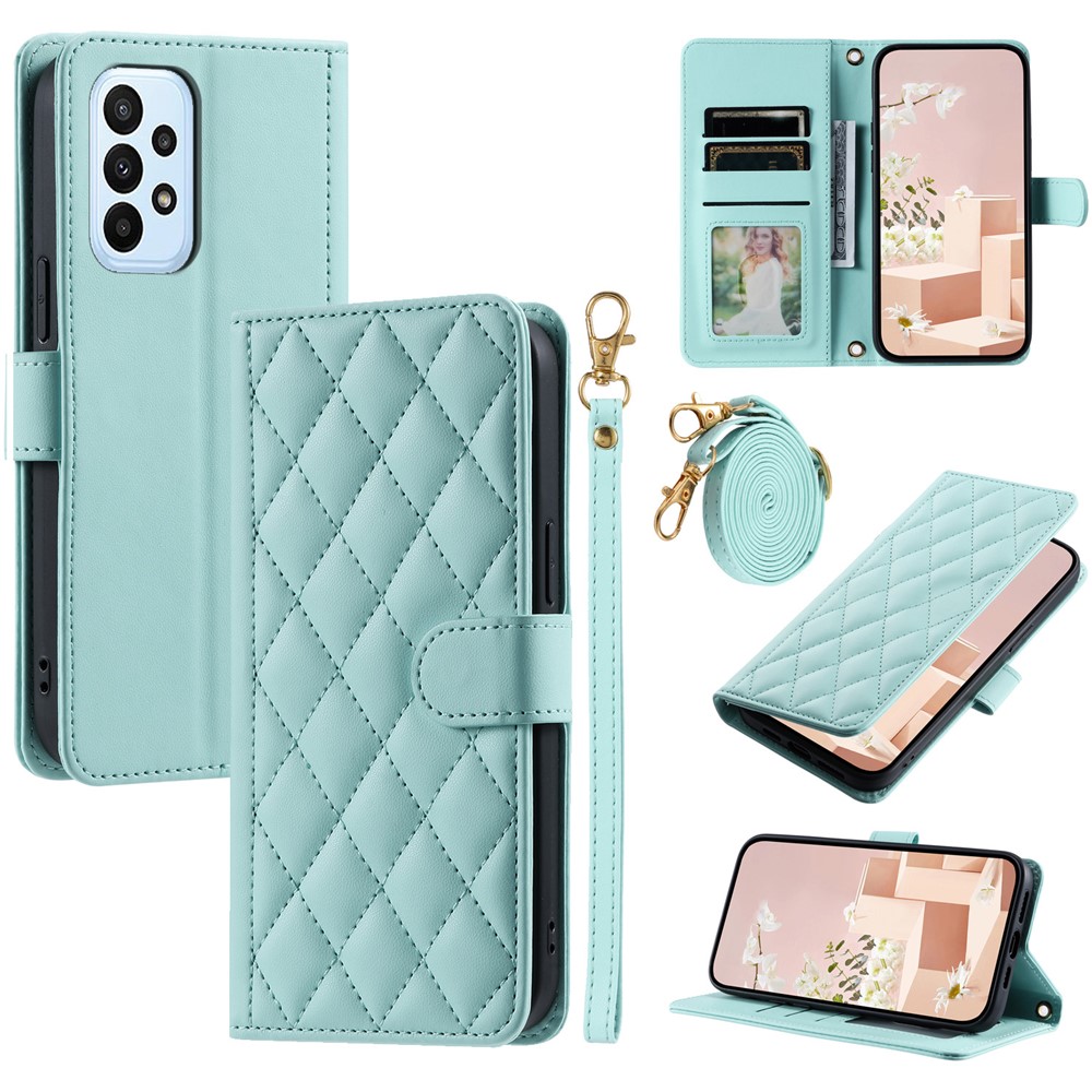 For Samsung Galaxy A32 4G (EU Version) Crossbody Phone Case Rhombus Leather Wallet Cover - Mint Green