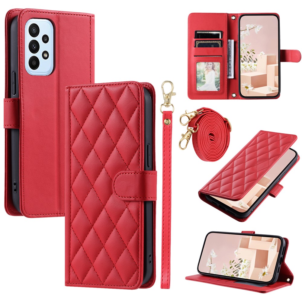 For Samsung Galaxy A32 4G (EU Version) Crossbody Phone Case Rhombus Leather Wallet Cover - Red