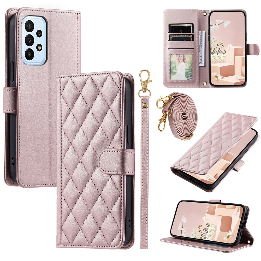 For Samsung Galaxy A73 5G Case Rhombus Grid PU Leather Crossbody Phone Cover - Rose Gold