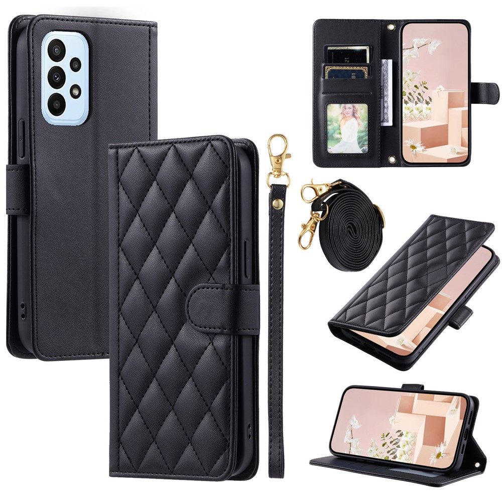 For Samsung Galaxy A73 5G Case Rhombus Grid PU Leather Crossbody Phone Cover - Black