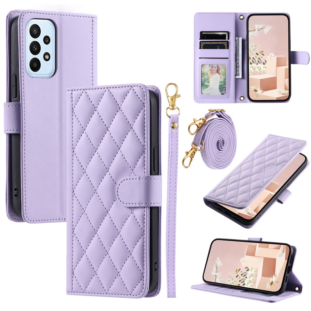 For Samsung Galaxy A73 5G Case Rhombus Grid PU Leather Crossbody Phone Cover - Purple