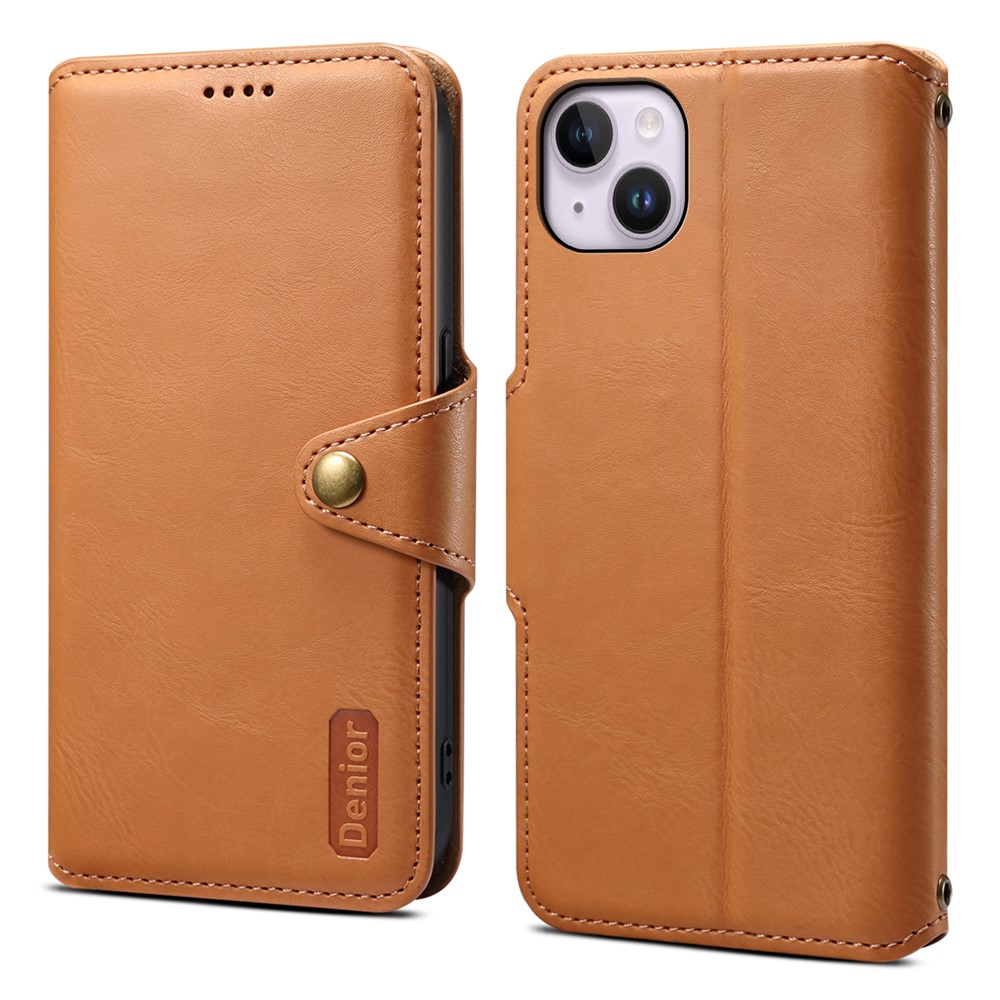 DENIOR For iPhone 15 Plus Leather Case Wallet Phone Cover Cowhide Texture - Khaki