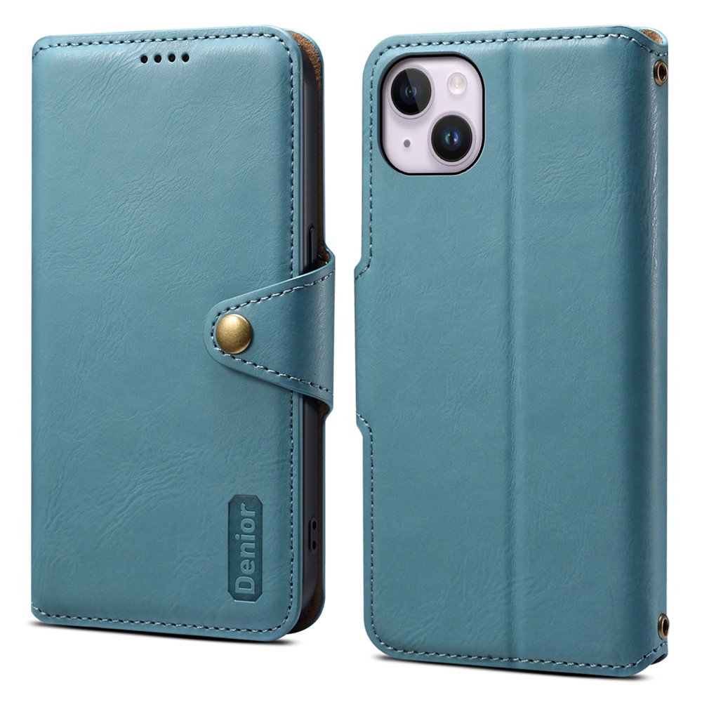 DENIOR For iPhone 15 Plus Leather Case Wallet Phone Cover Cowhide Texture - Blue