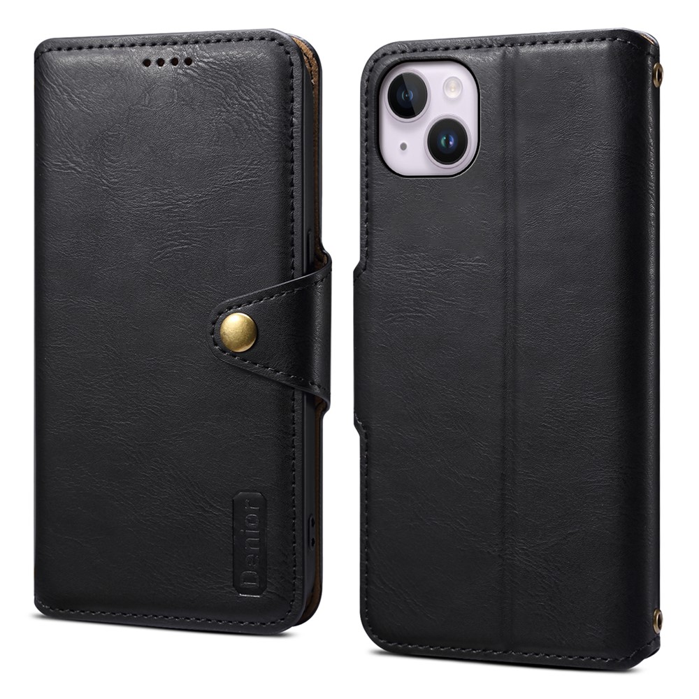 DENIOR For iPhone 15 Plus Leather Case Wallet Phone Cover Cowhide Texture - Black