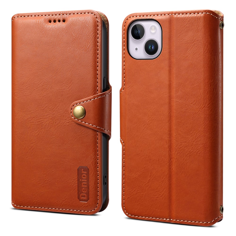 DENIOR For iPhone 15 Plus Leather Case Wallet Phone Cover Cowhide Texture - Brown
