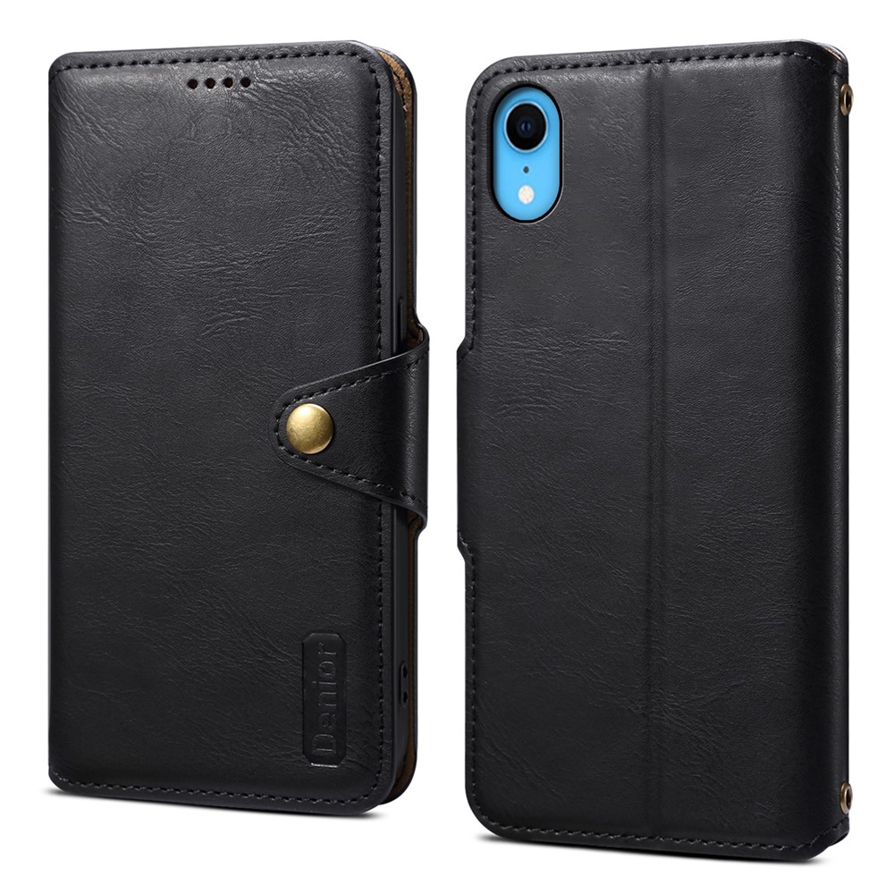 DENIOR For iPhone XR Case PU Leather Cowhide Texture Wallet Protective Phone Cover - Black