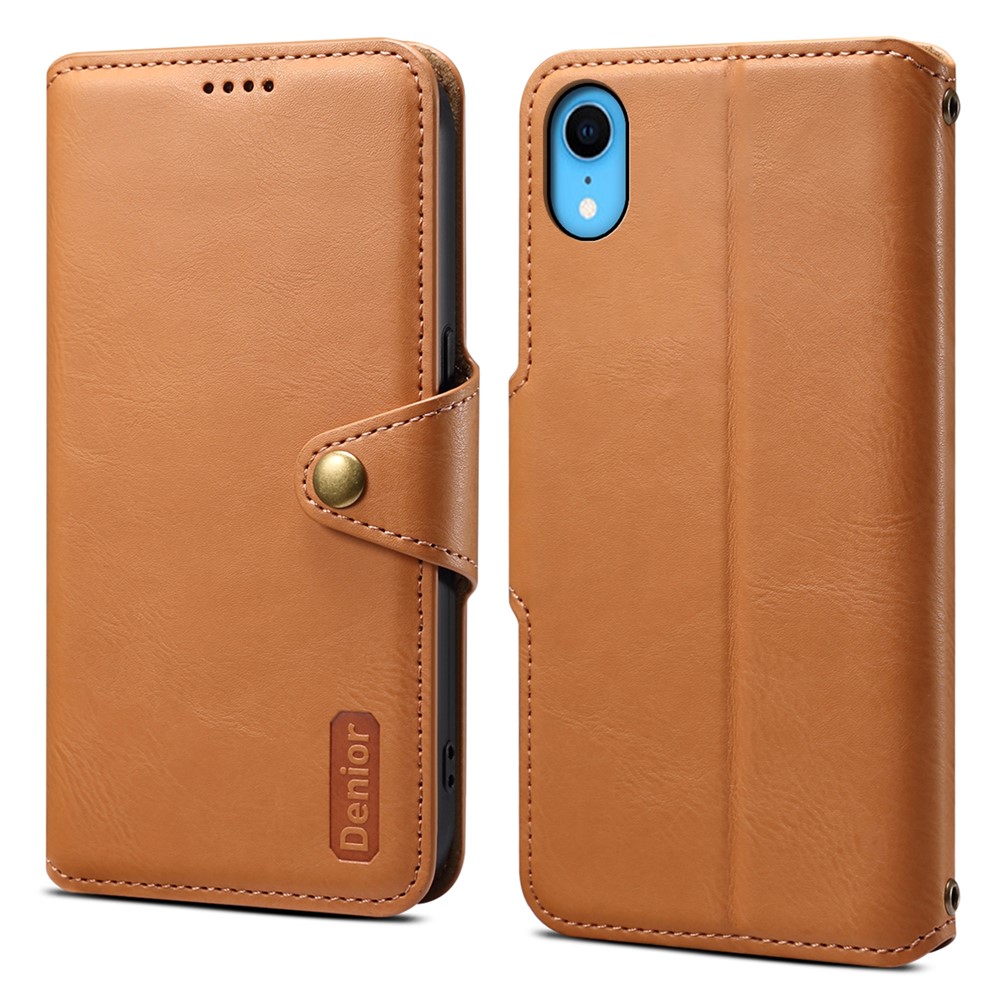 DENIOR For iPhone XR Case PU Leather Cowhide Texture Wallet Protective Phone Cover - Khaki