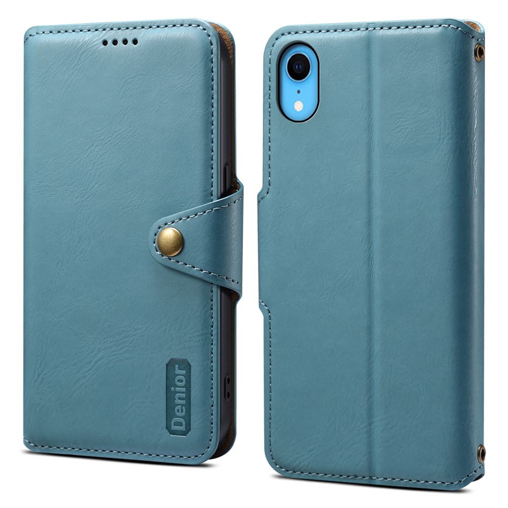 DENIOR For iPhone XR Case PU Leather Cowhide Texture Wallet Protective Phone Cover - Blue