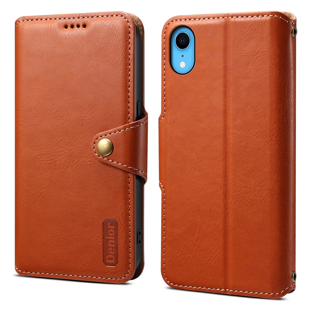 DENIOR For iPhone XR Case PU Leather Cowhide Texture Wallet Protective Phone Cover - Brown