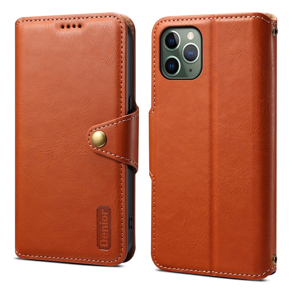 DENIOR For iPhone 11 Pro Case Cowhide Texture Wallet Anti-drop Leather Phone Cover - Brown