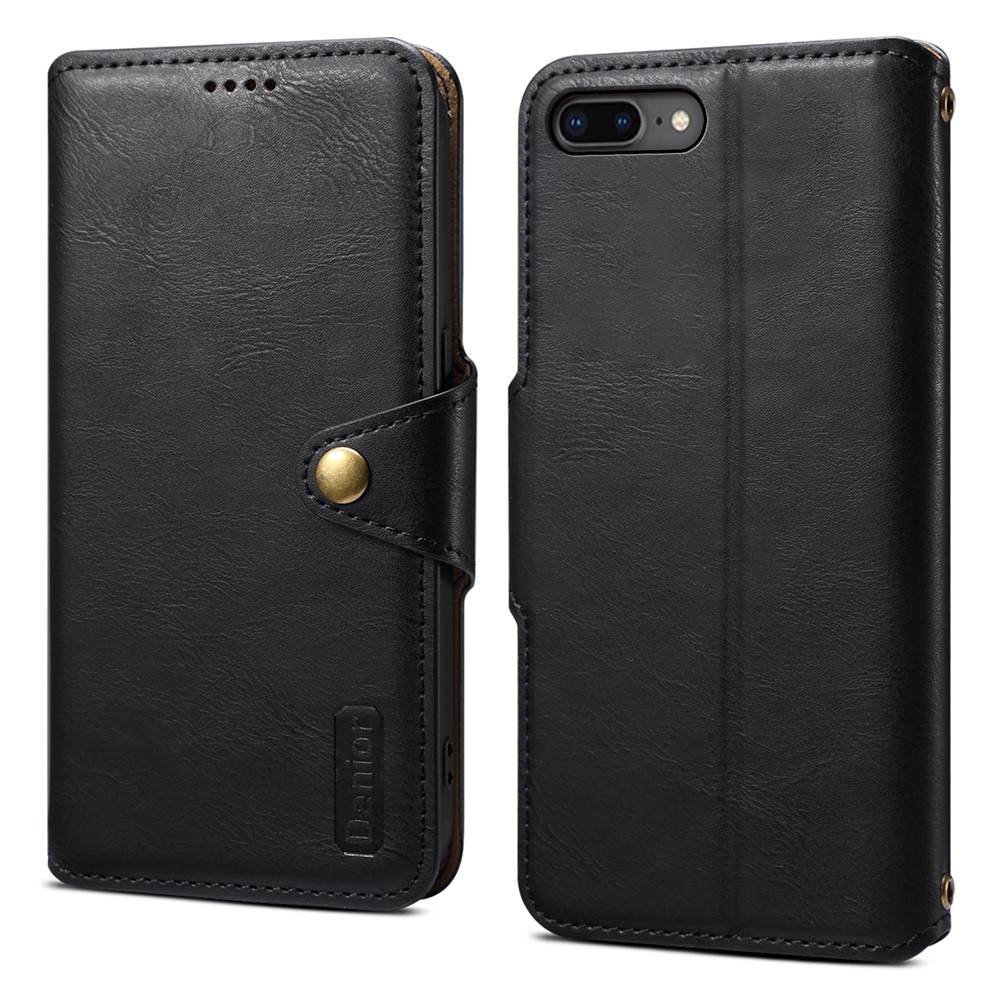 DENIOR For iPhone 7 Plus / 8 Plus Case Wallet Card Holder Cowhide Texture PU Leather Flip Cover - Black