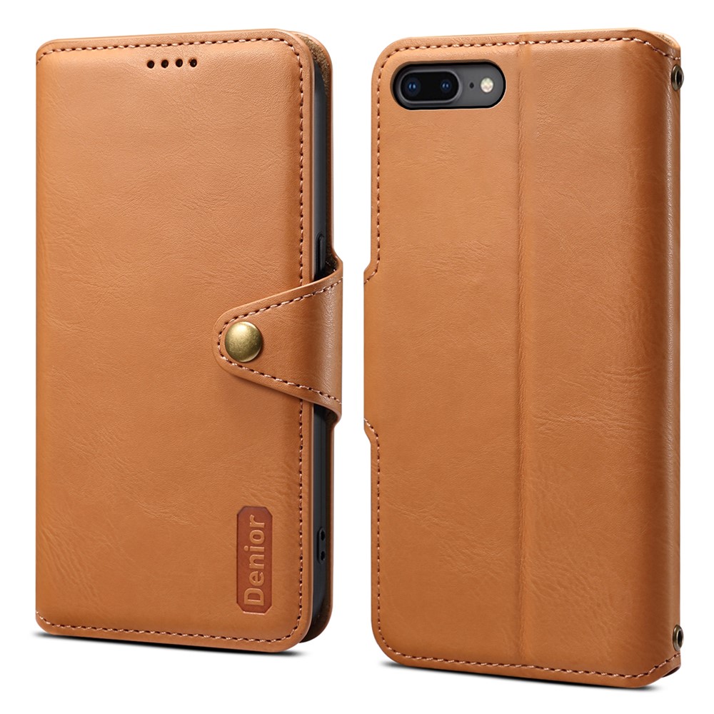 DENIOR For iPhone 7 Plus / 8 Plus Case Wallet Card Holder Cowhide Texture PU Leather Flip Cover - Khaki