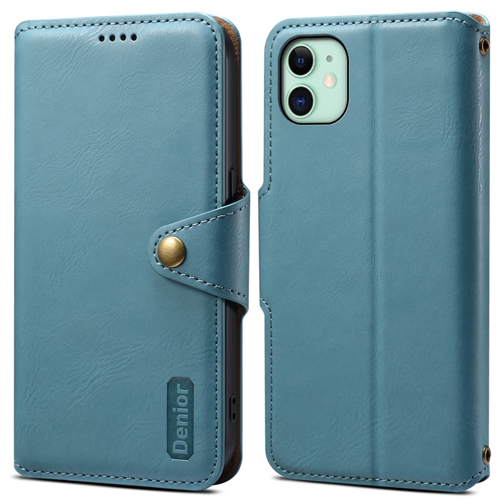 DENIOR For iPhone 11 Case Cowhide Texture Leather Bump Proof Phone Wallet Cover - Blue