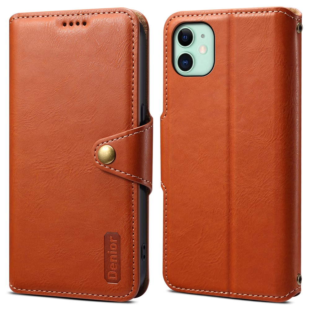 DENIOR For iPhone 11 Case Cowhide Texture Leather Bump Proof Phone Wallet Cover - Brown