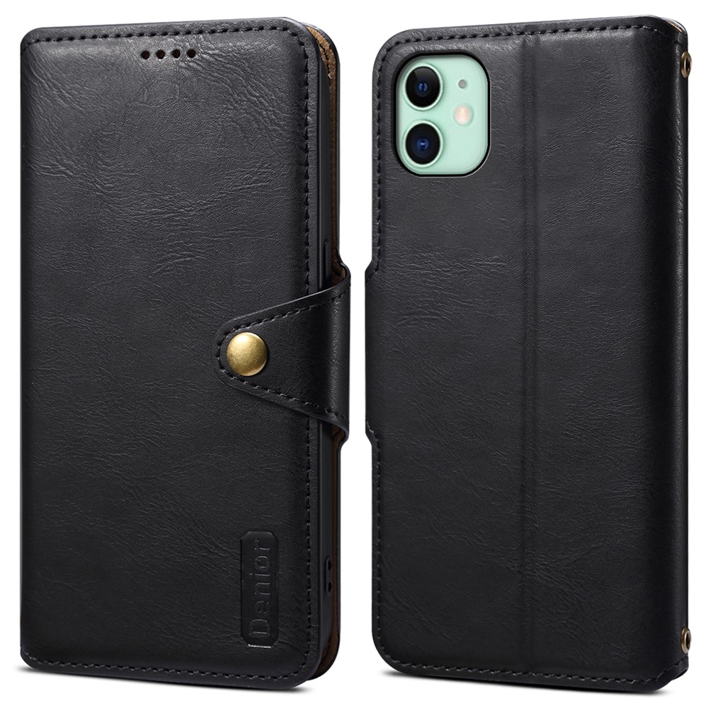 DENIOR For iPhone 11 Case Cowhide Texture Leather Bump Proof Phone Wallet Cover - Black