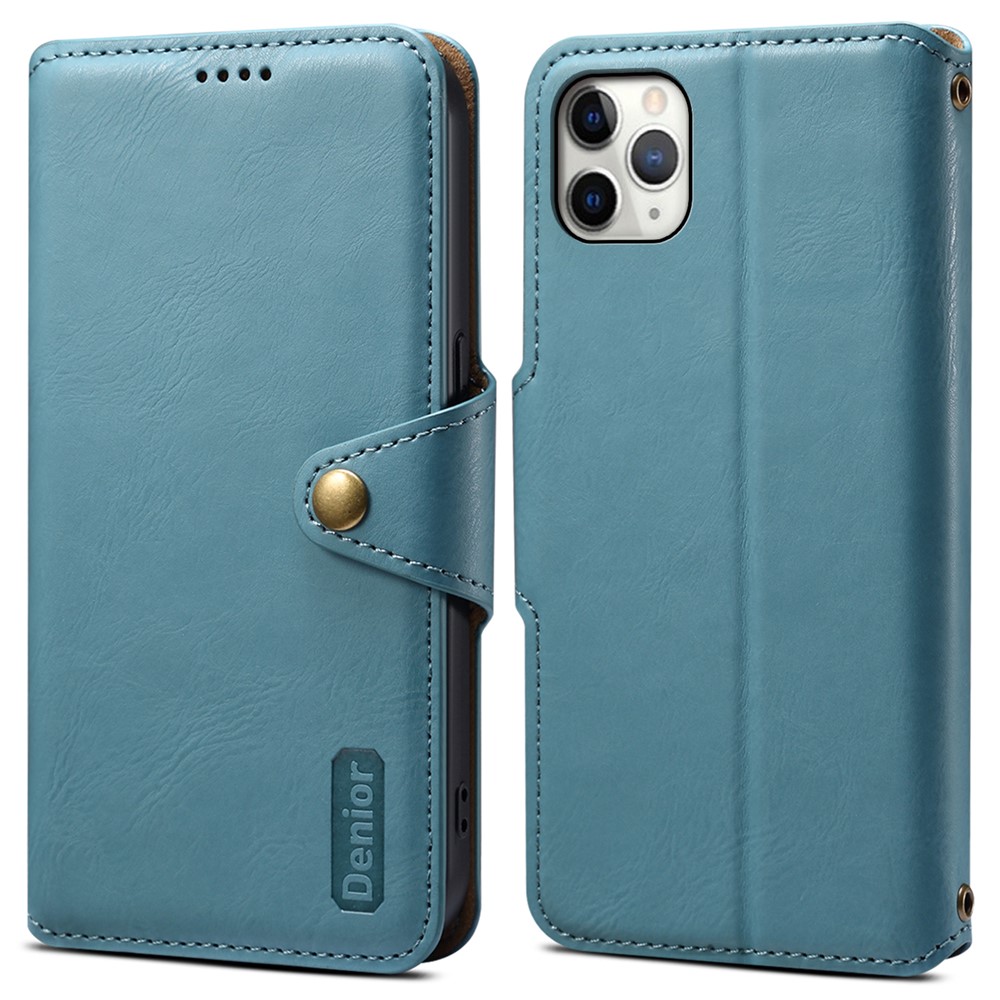 DENIOR For iPhone 11 Pro Max Leather Case Cowhide Texture Stand Cell Phone Cover - Blue