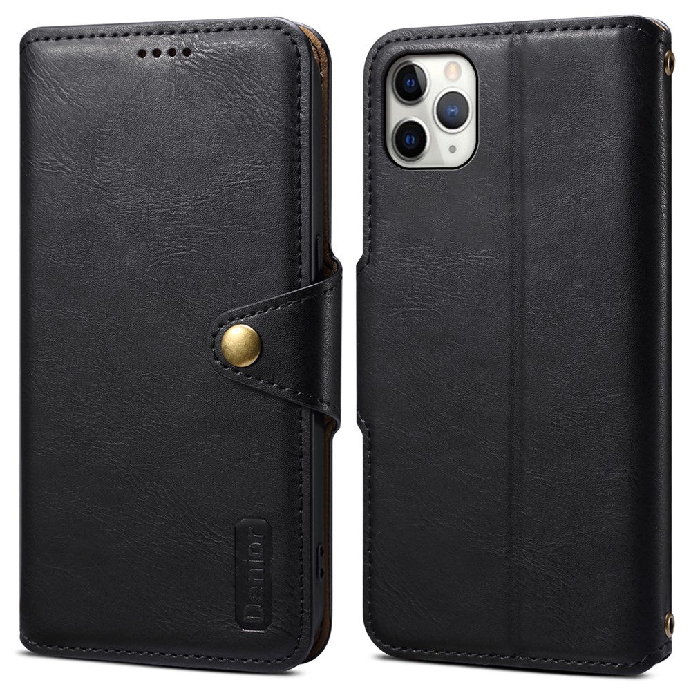 DENIOR For iPhone 11 Pro Max Leather Case Cowhide Texture Stand Cell Phone Cover - Black