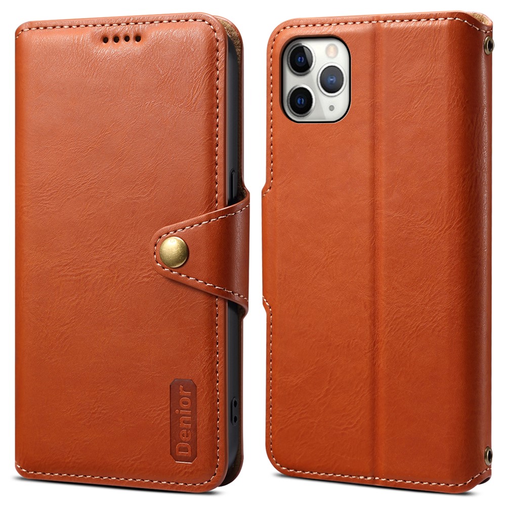 DENIOR For iPhone 11 Pro Max Leather Case Cowhide Texture Stand Cell Phone Cover - Brown