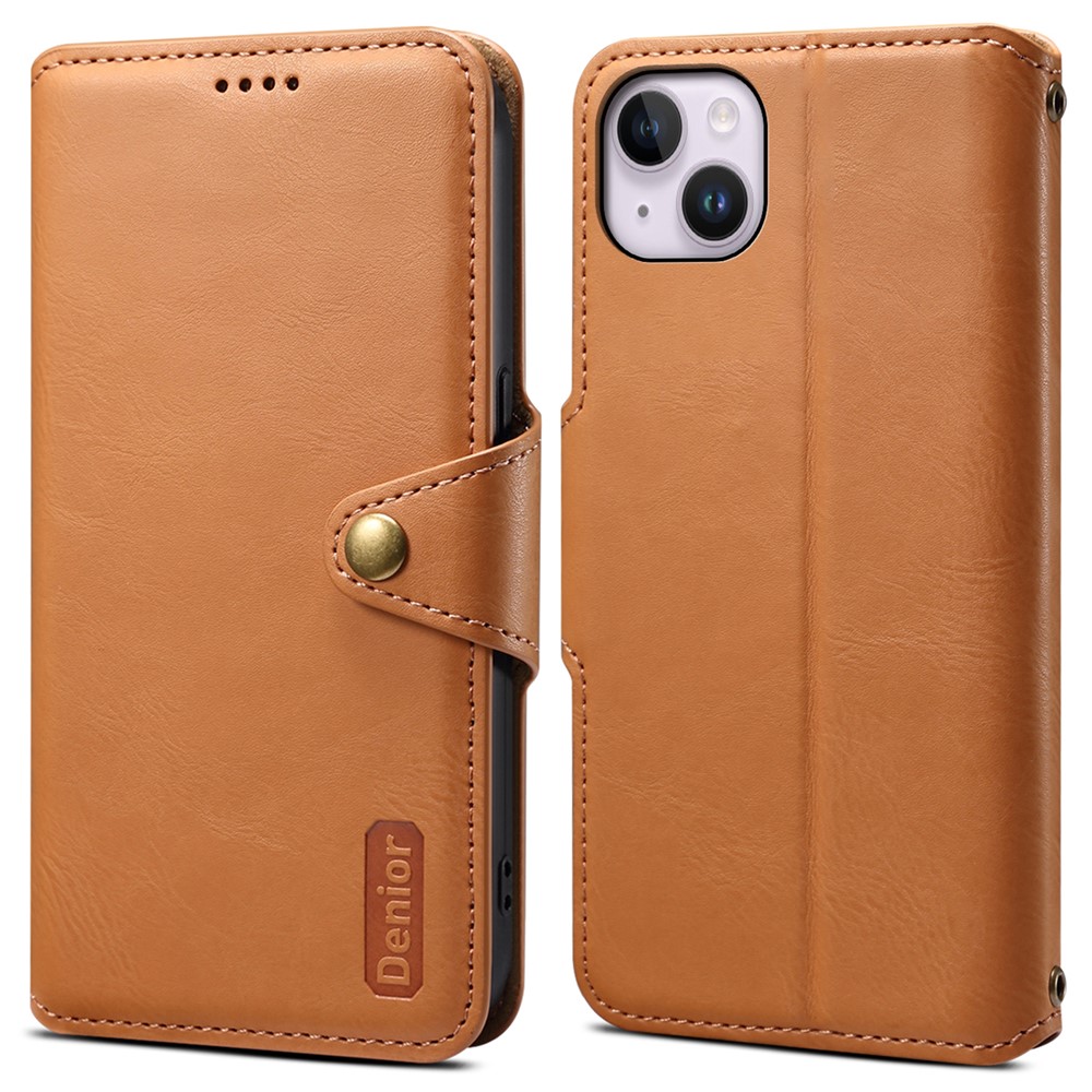 DENIOR For iPhone 14 Plus Shockproof Case Cowhide Texture Stand Mobile Phone Cover - Khaki