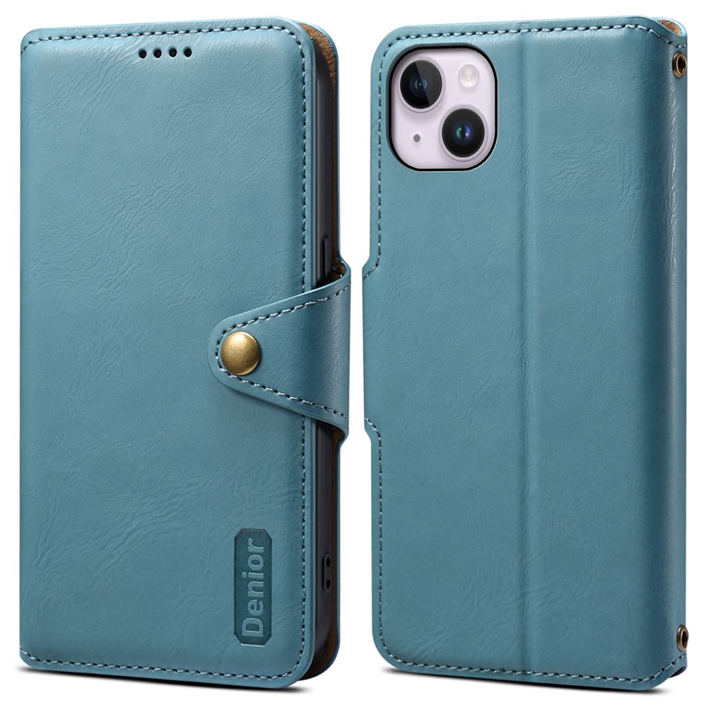 DENIOR For iPhone 14 Plus Shockproof Case Cowhide Texture Stand Mobile Phone Cover - Blue