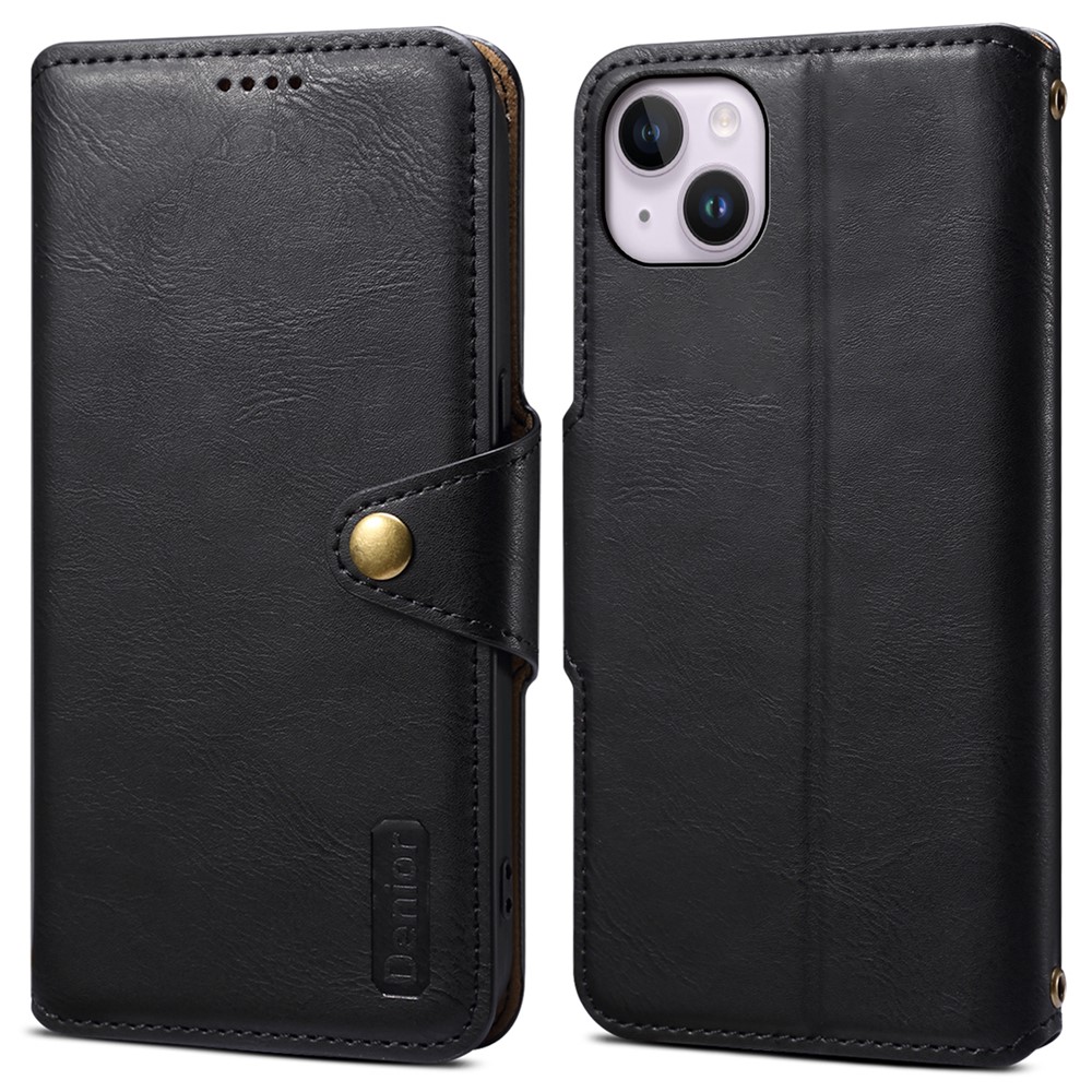 DENIOR For iPhone 14 Plus Shockproof Case Cowhide Texture Stand Mobile Phone Cover - Black