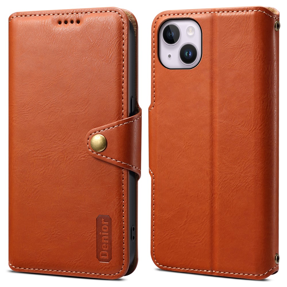 DENIOR For iPhone 14 Plus Shockproof Case Cowhide Texture Stand Mobile Phone Cover - Brown