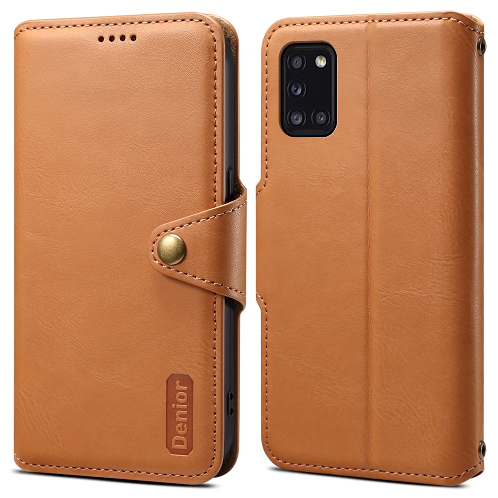 DENIOR For Samsung Galaxy A31 Case Cowhide Texture PU Leather Folio Flip Wallet Cover - Khaki