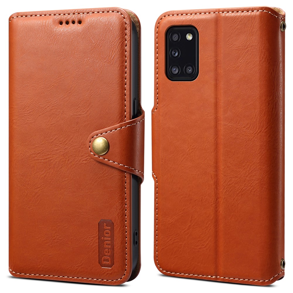 DENIOR For Samsung Galaxy A31 Case Cowhide Texture PU Leather Folio Flip Wallet Cover - Brown