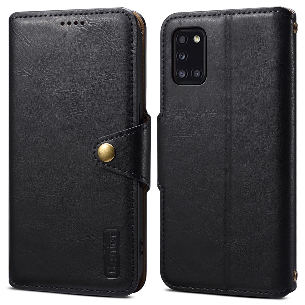 DENIOR For Samsung Galaxy A31 Case Cowhide Texture PU Leather Folio Flip Wallet Cover - Black