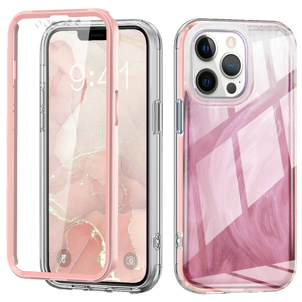 For iPhone 12 / 12 Pro Gradient Case PC+TPU Phone Cover with PET Screen Protector - Pink