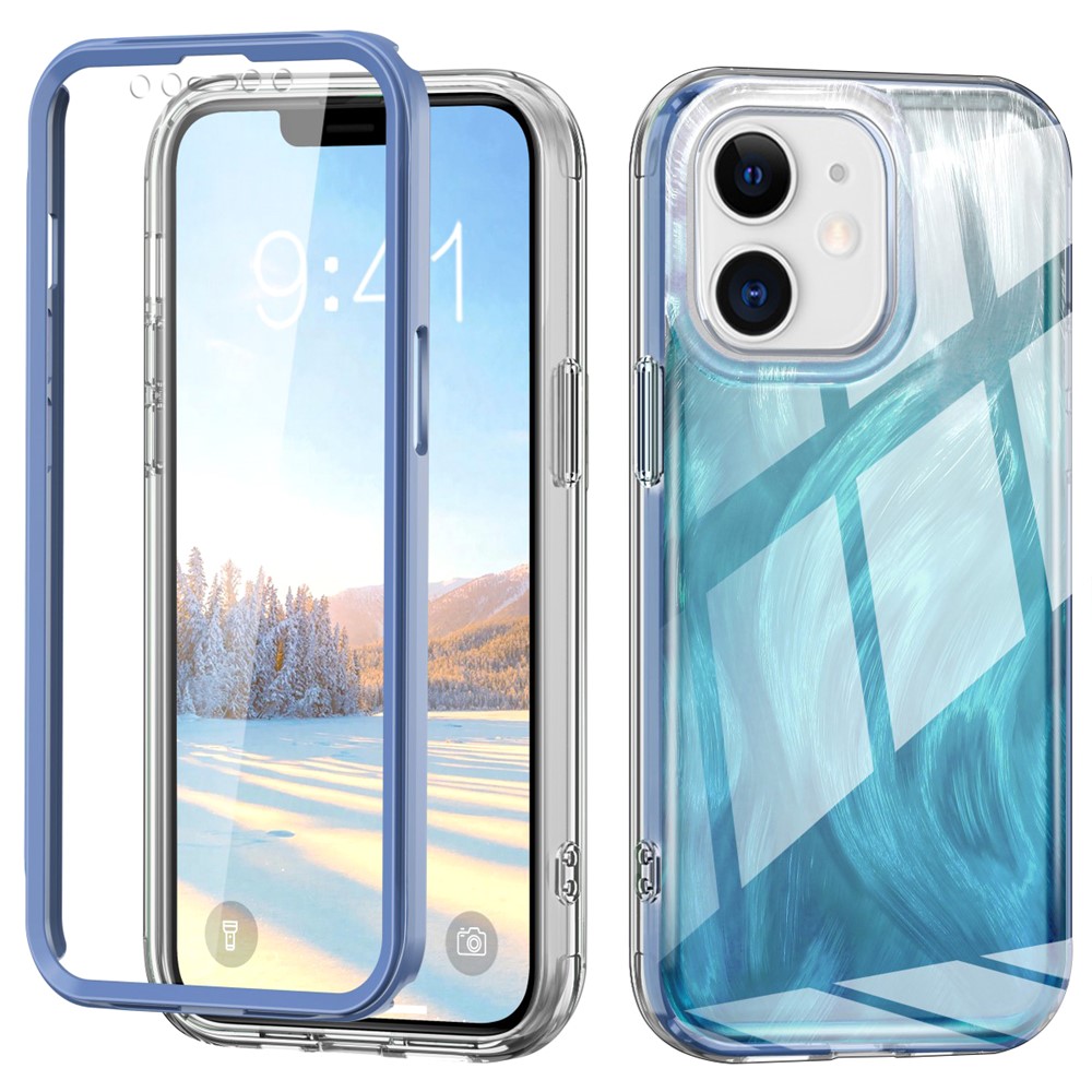 For iPhone 11 Feather Pattern Case Gradient PC+TPU Protective Phone Cover with Screen Protector - Blue