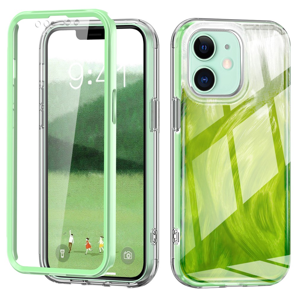 For iPhone 11 Feather Pattern Case Gradient PC+TPU Protective Phone Cover with Screen Protector - Green