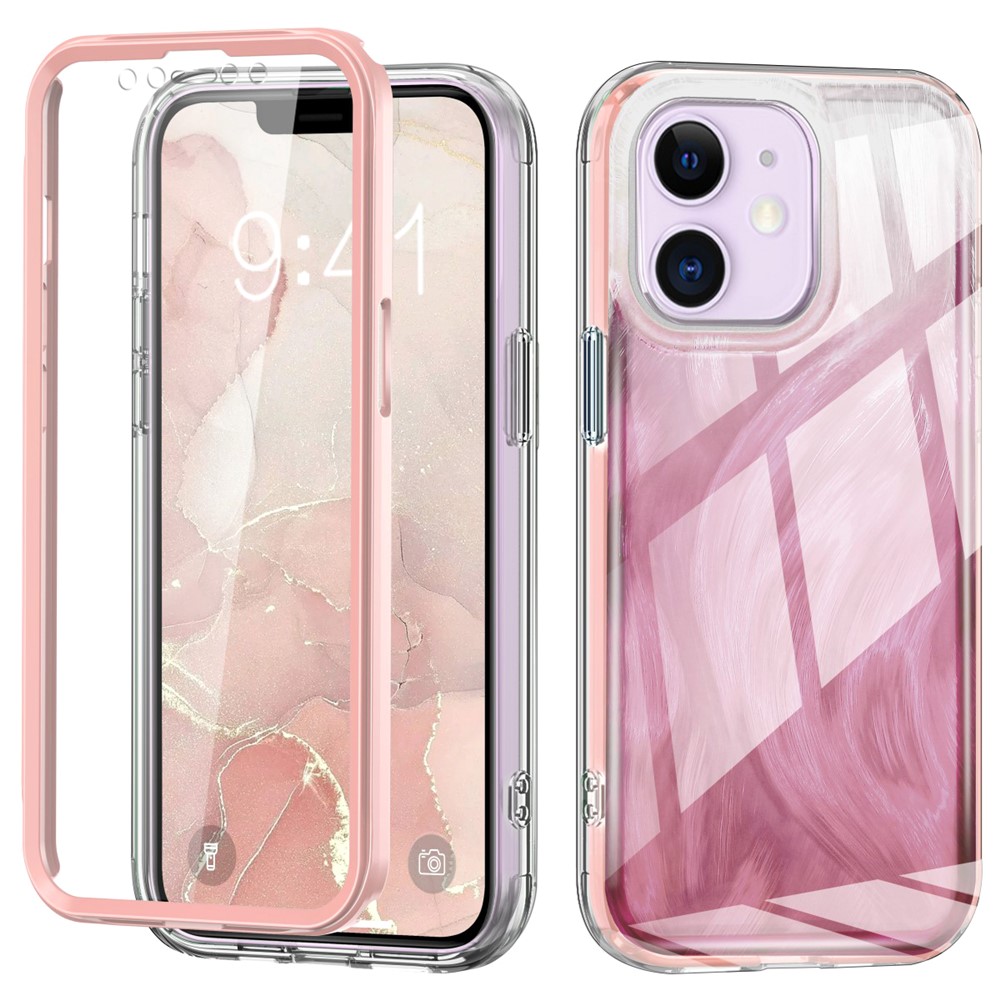 For iPhone 11 Feather Pattern Case Gradient PC+TPU Protective Phone Cover with Screen Protector - Pink