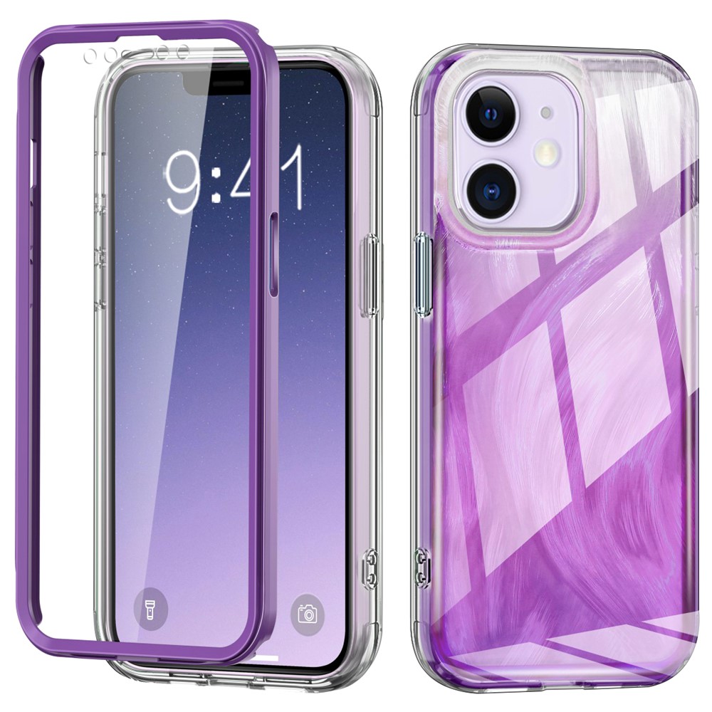 For iPhone 11 Feather Pattern Case Gradient PC+TPU Protective Phone Cover with Screen Protector - Purple