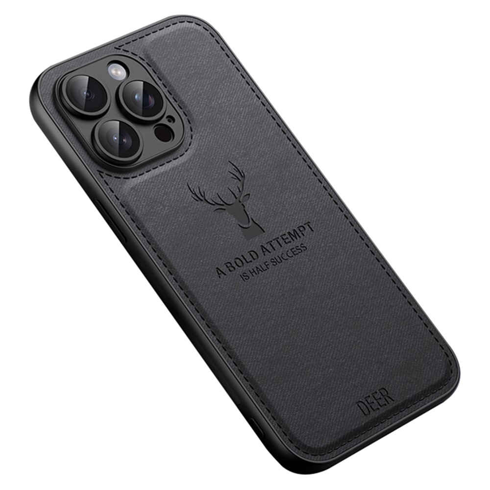 For iPhone 12 Pro Case Imprinted Deer Pattern PU Leather Coating Phone Back Cover - Black