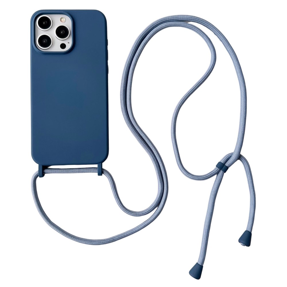 For iPhone 13 Pro Crossbody Lanyard Case Liquid Silicone Protective Phone Cover - Navy Blue