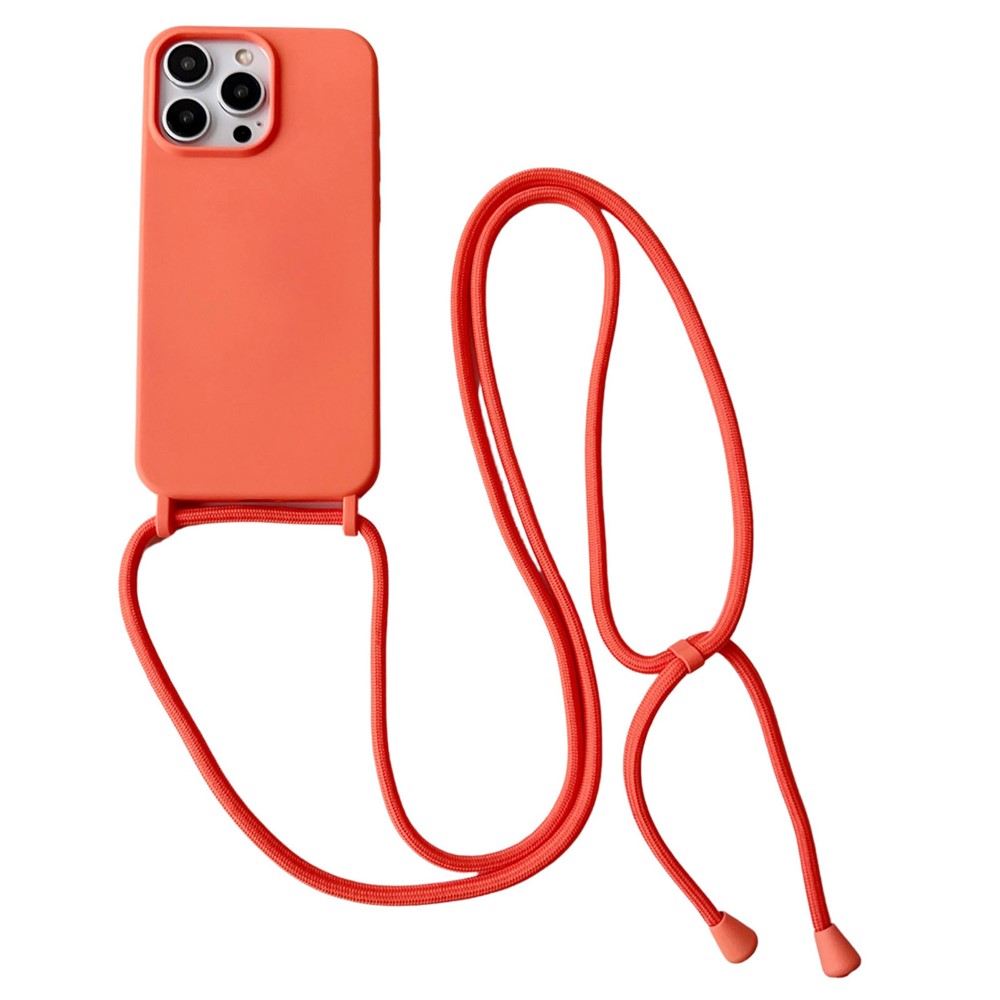 For iPhone 13 Pro Crossbody Lanyard Case Liquid Silicone Protective Phone Cover - Orange