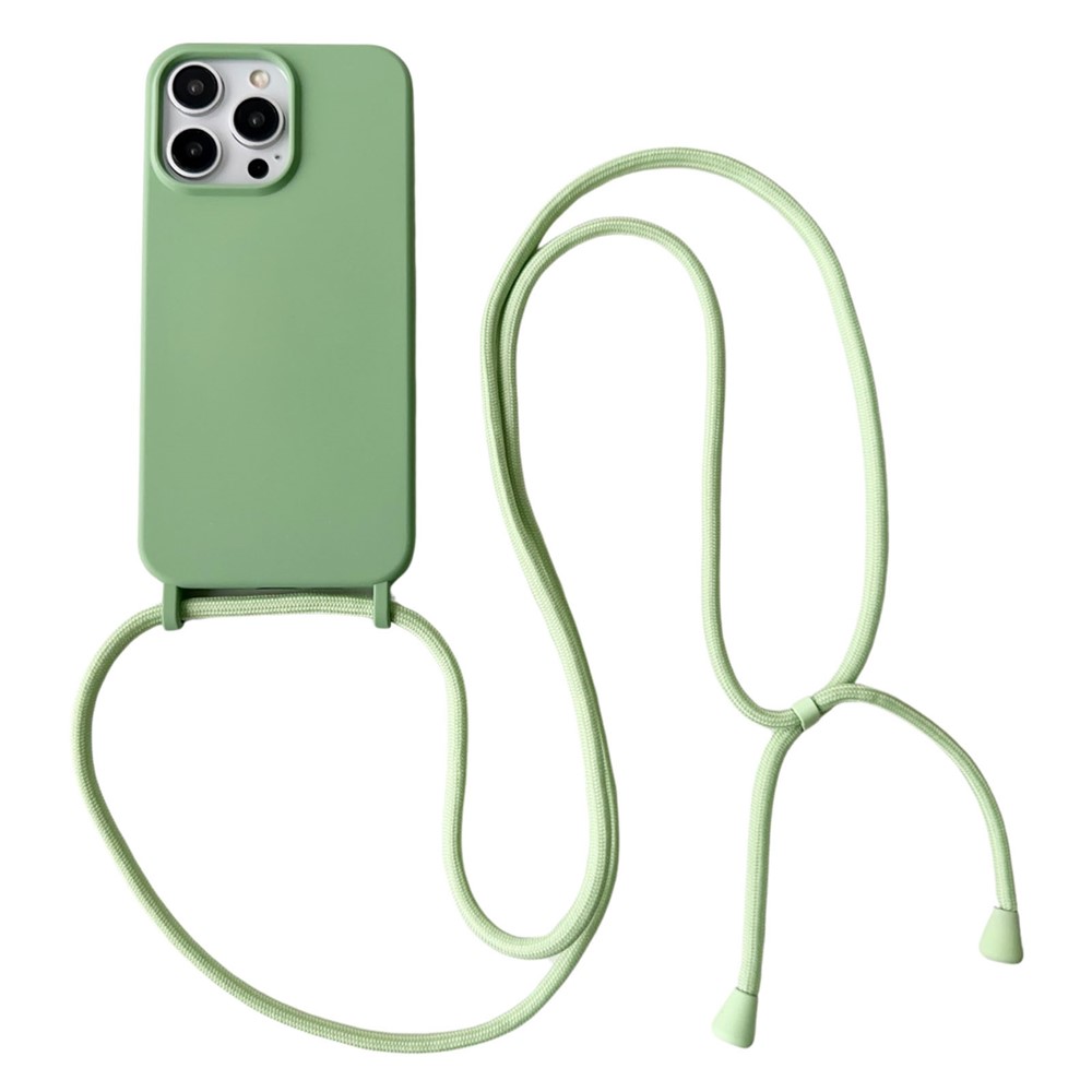 For iPhone 13 Pro Crossbody Lanyard Case Liquid Silicone Protective Phone Cover - Light Green