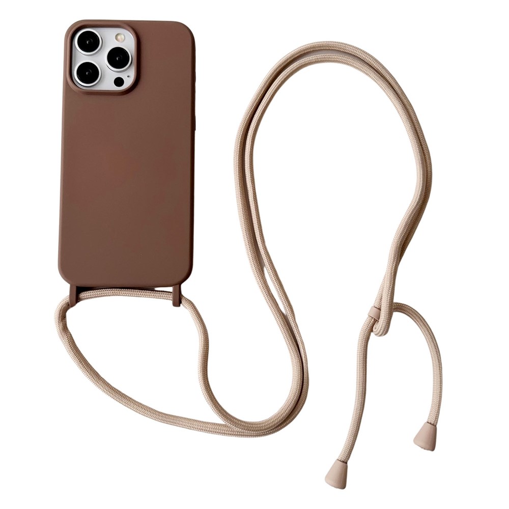 For iPhone 13 Pro Crossbody Lanyard Case Liquid Silicone Protective Phone Cover - Coffee