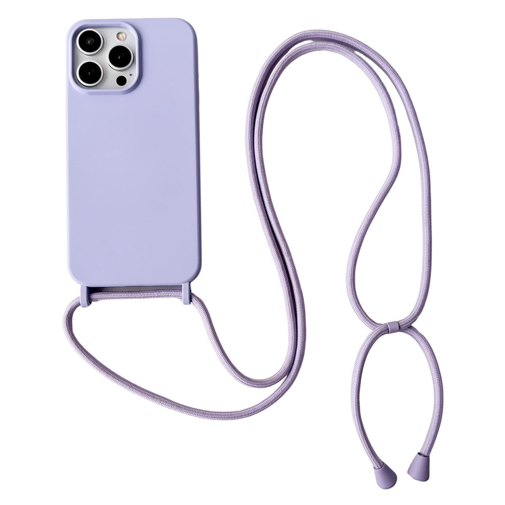 For iPhone 13 Pro Crossbody Lanyard Case Liquid Silicone Protective Phone Cover - Purple