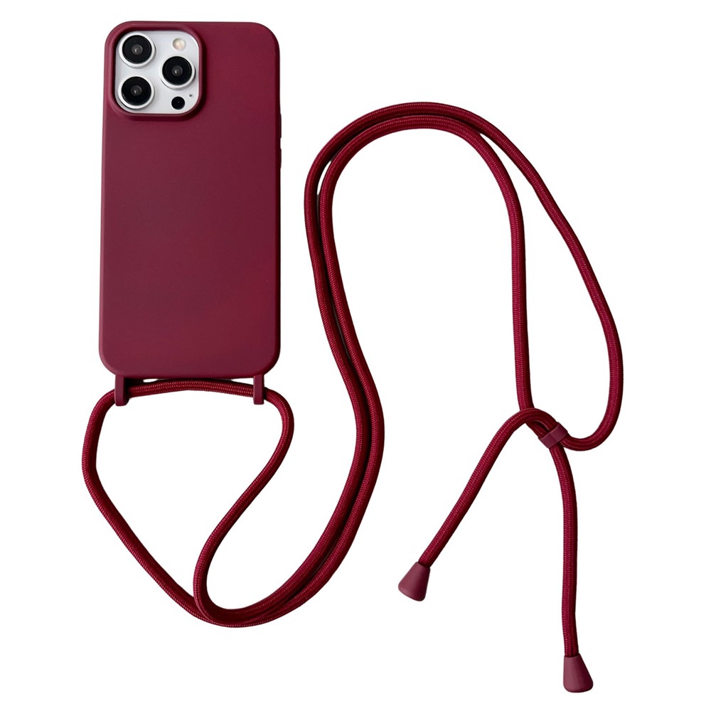 For iPhone 13 Pro Crossbody Lanyard Case Liquid Silicone Protective Phone Cover - Wine Red